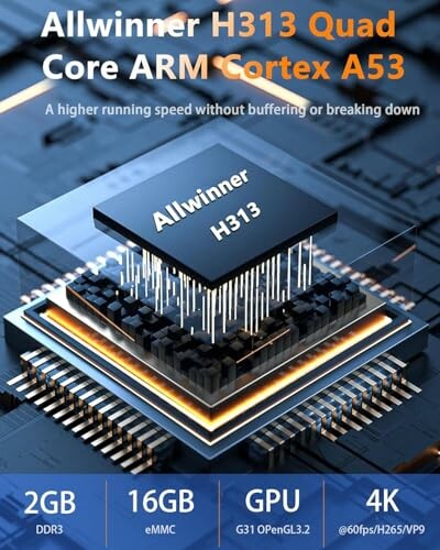 Nahaufnahme eines Allwinner H313 Quad-Core-Prozessors auf einer Leiterplatte.