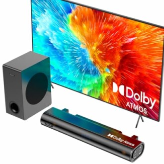 Dolby Atmos Fernseher mit Soundbar und Subwoofer