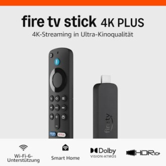 Fire TV Stick 4K Plus mit Fernbedienung und Funktionen.