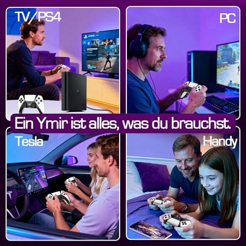 Personen spielen Videospiele mit einem Controller an verschiedenen Geräten.