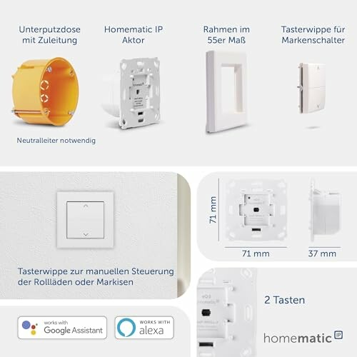 Homematic Komponenten für Unterputzdose, IP Aktor, Rahmen und Tasterwippe.