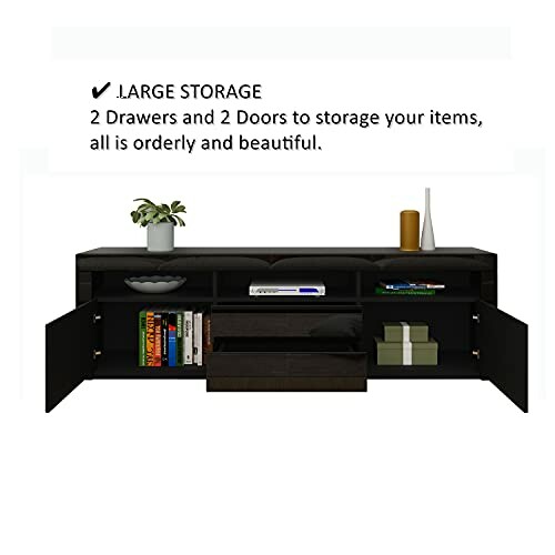 Moderner TV-Ständer mit großen Stauräumen, zwei Schubladen und zwei Türen.
