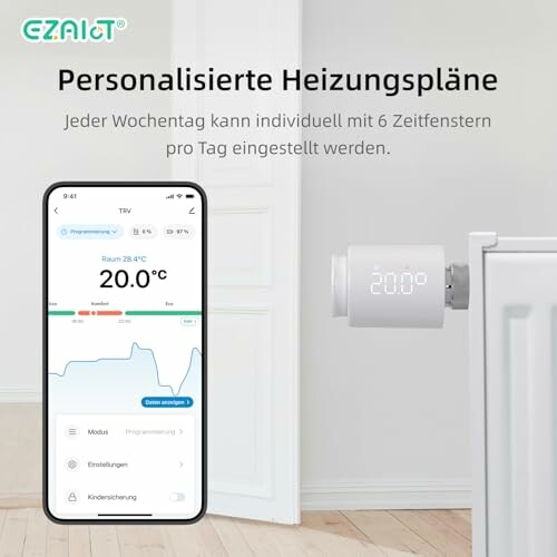 Smartphone-App mit Heizungssteuerung und Heizkörperthermostat.