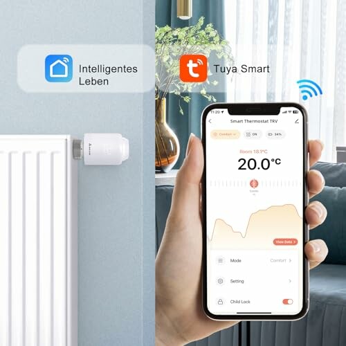 Smartphone zeigt Thermostat-App zur Temperaturregelung