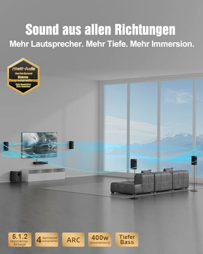 Wohnzimmer mit Surround-Sound-System und Lautsprechern.